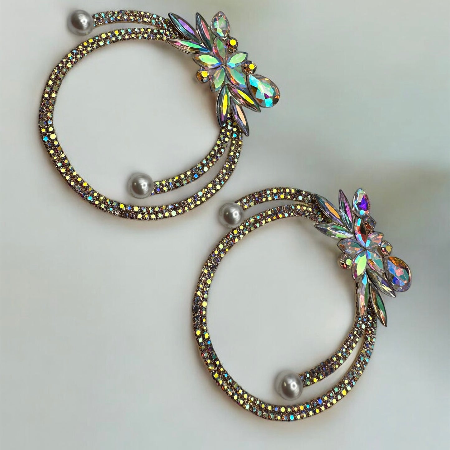 Iridescent Crystal Rhinestone Statement Hoop Earrings – Floral Pearl Glam - Fatisha Boutique #