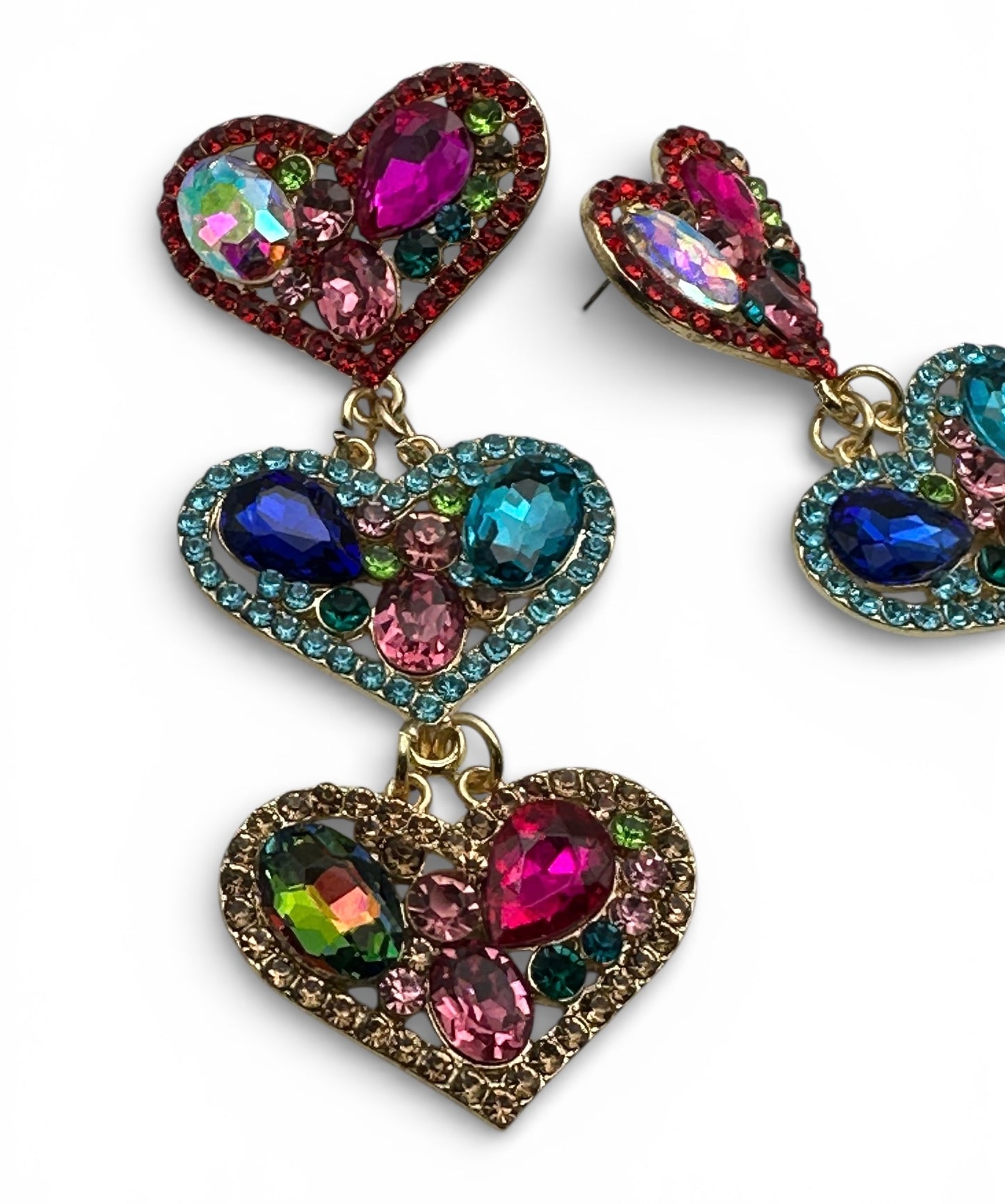 Multicolour Rhinestone Heart Drop Earrings – Bold Statement Crystal Earrings - Fatisha Boutique #