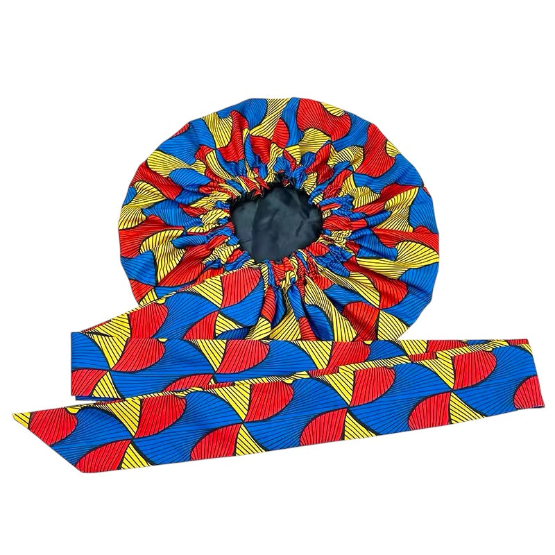 Red, Blue & Yellow Ankara Satin-Lined Bonnet with Long Ties – Multi-Wear Sleep Cap, Turban & Headwrap - Fatisha Boutique # Fatisha Boutique