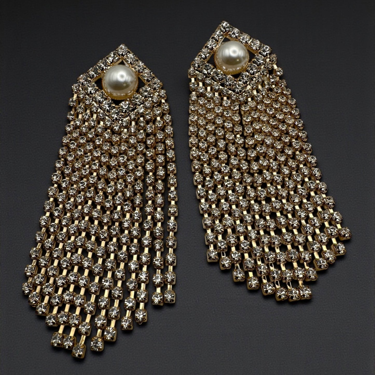 Elegant Crystal Tassel Statement Earrings with Pearl Stud – Long Rhinestone Drop (Gold or Silver) - Fatisha Boutique #