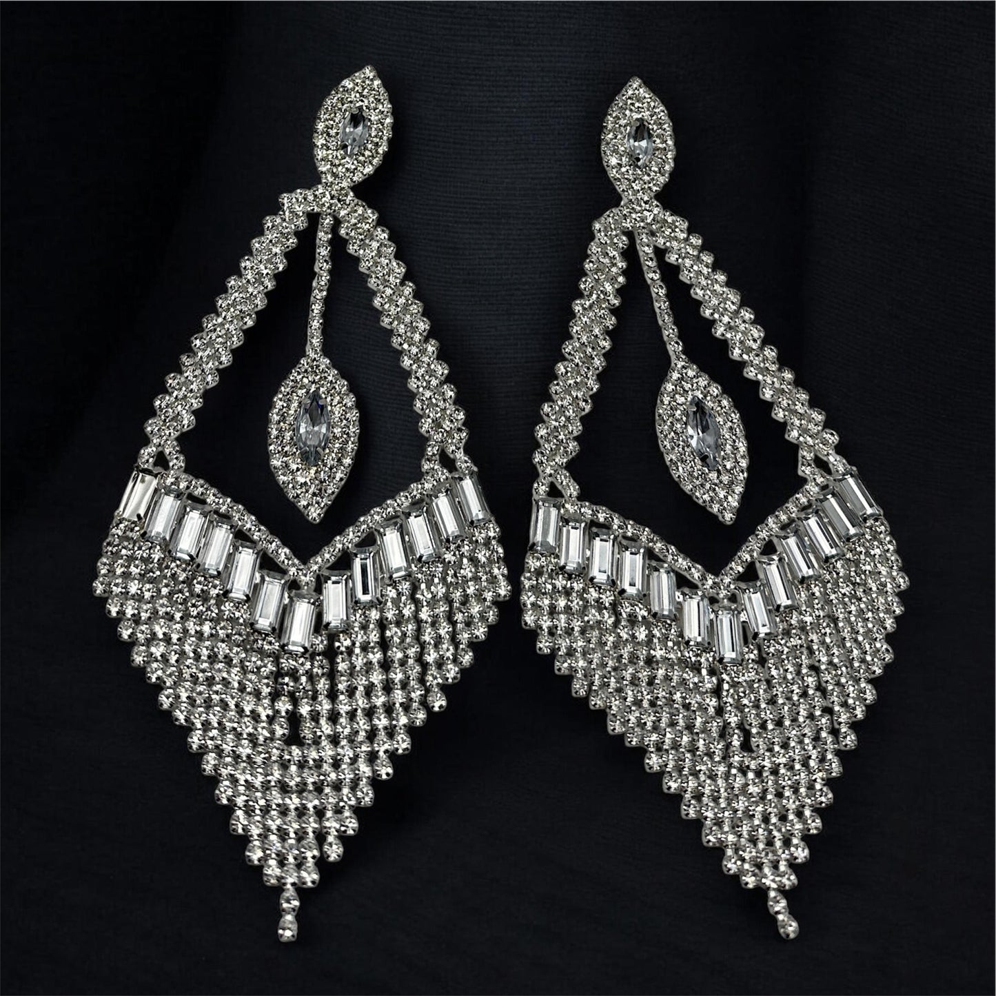 Luxury Crystal Chandelier Statement Earrings – Long Rhinestone Glam Drop (Gold, Silver or Grey) - Fatisha Boutique #