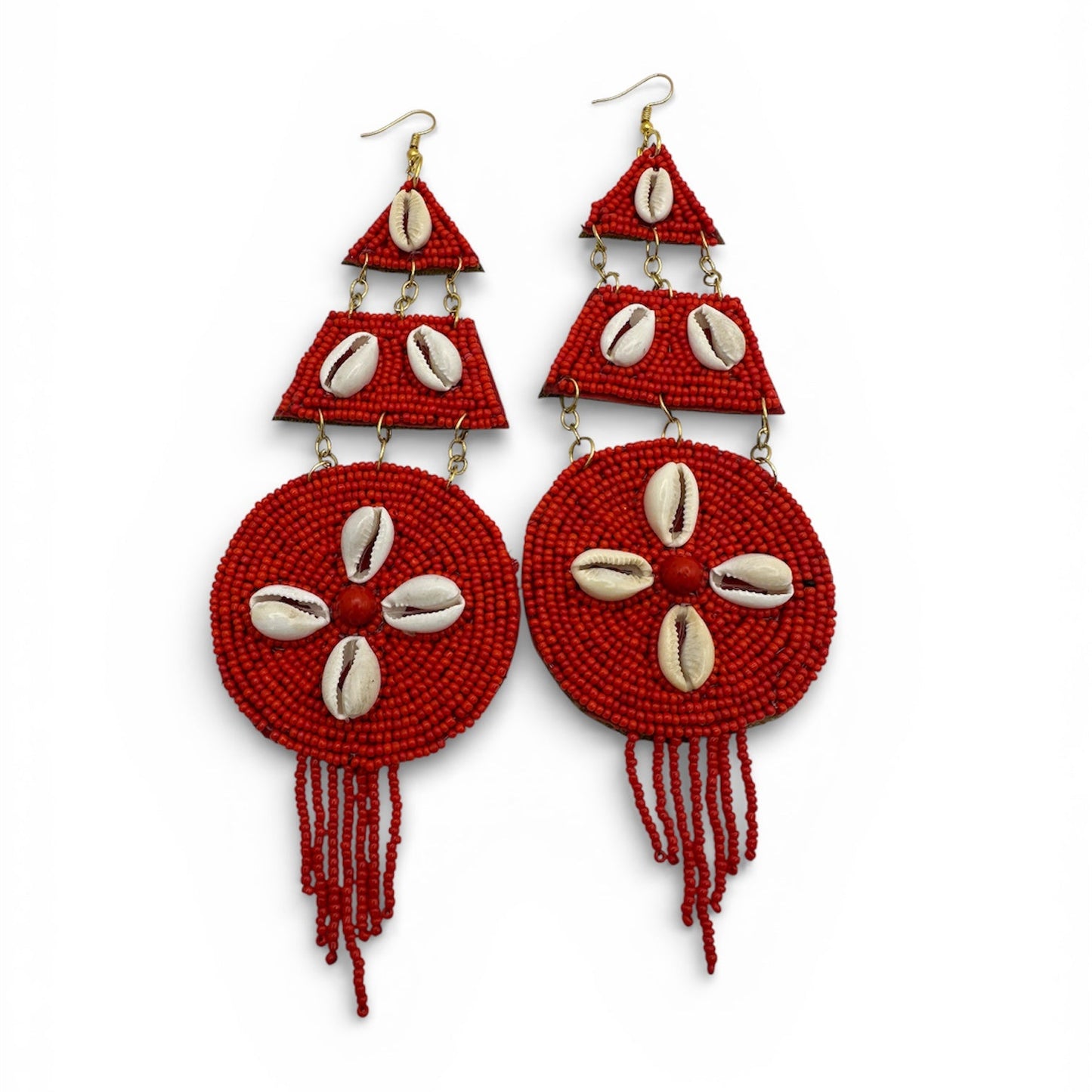 Red African Beaded Statement Earrings with Cowrie Shell – Long Tribal Drop