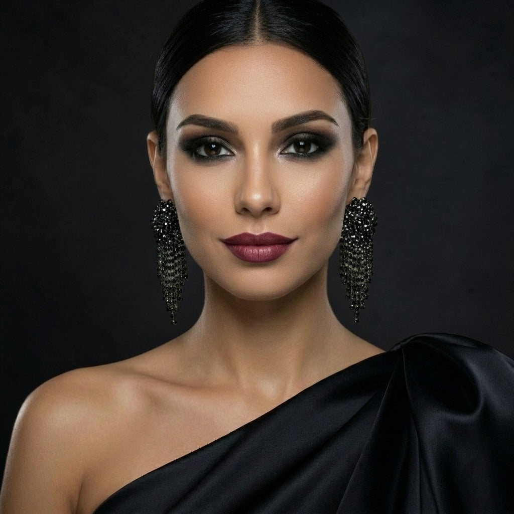 Black Rhinestone Tassel Drop Earrings – Statement Evening Earrings - Fatisha Boutique #