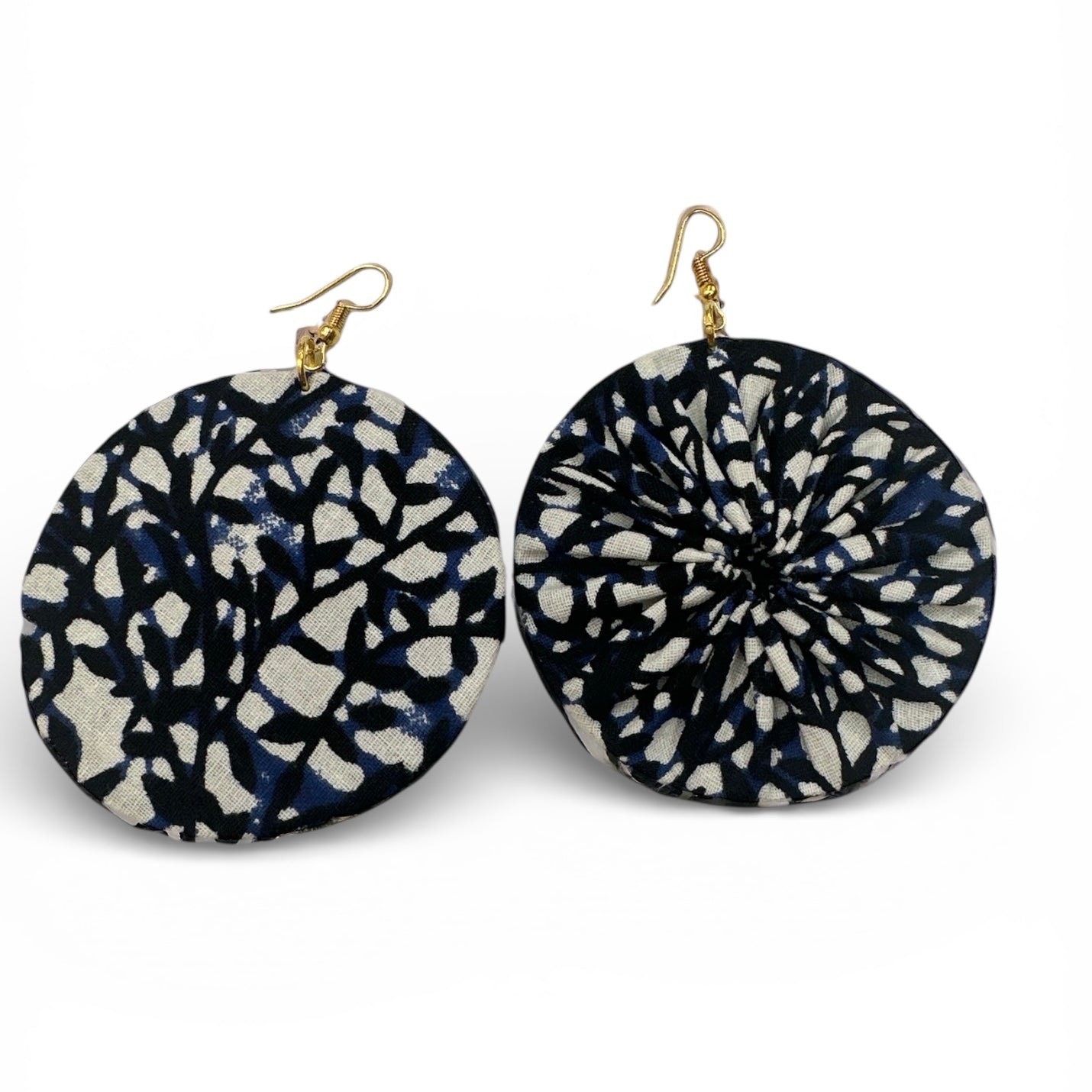 Navy Blue Ankara Fabric Statement Earrings – Handmade African Print Round Dangle Jewellery - Fatisha Boutique #