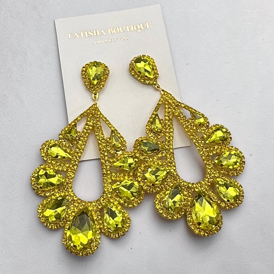 Yellow Crystal Teardrop Statement Earrings – Rhinestone Glam Drop Earrings for Wedding Guest, Prom & Birthday Gift for Her - Fatisha Boutique #