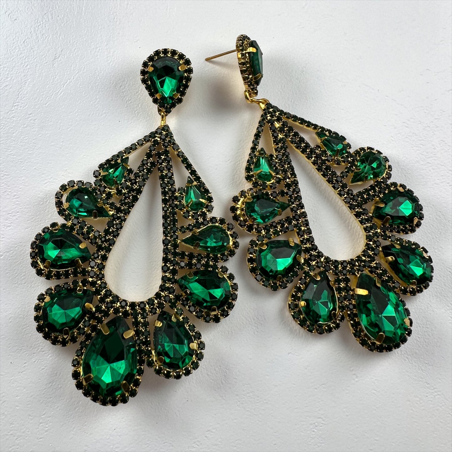Emerald Green Statement Earrings – Gold Rhinestone Drop Earrings, Bridal Wedding Guest, Prom & Luxury Evening Jewellery - Fatisha Boutique #