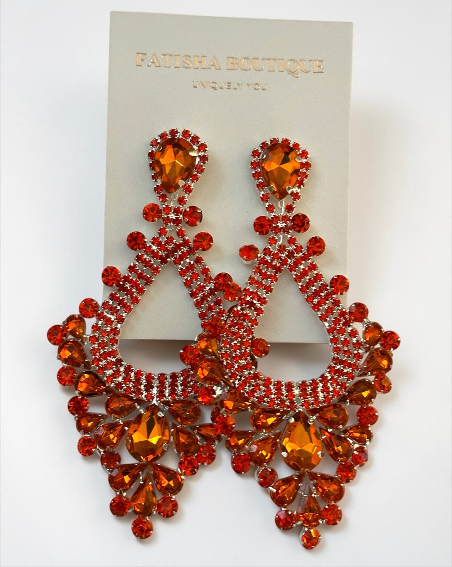 Orange Rhinestone Statement Earrings – Large Teardrop Drop Earrings in Gold & Silver | Bold Glam Wedding Guest & Party Earrings - Fatisha Boutique #