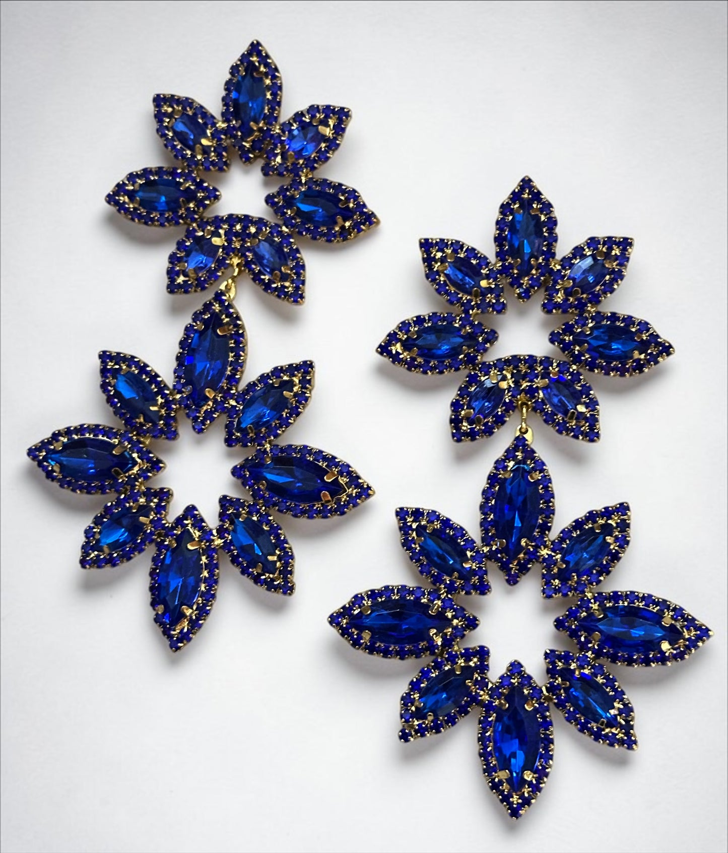 Blue Rhinestone Statement Earrings – Oversized Floral Drop Earrings in Gold & Silver | Luxury Evening & Wedding Guest Earrings - Fatisha Boutique #