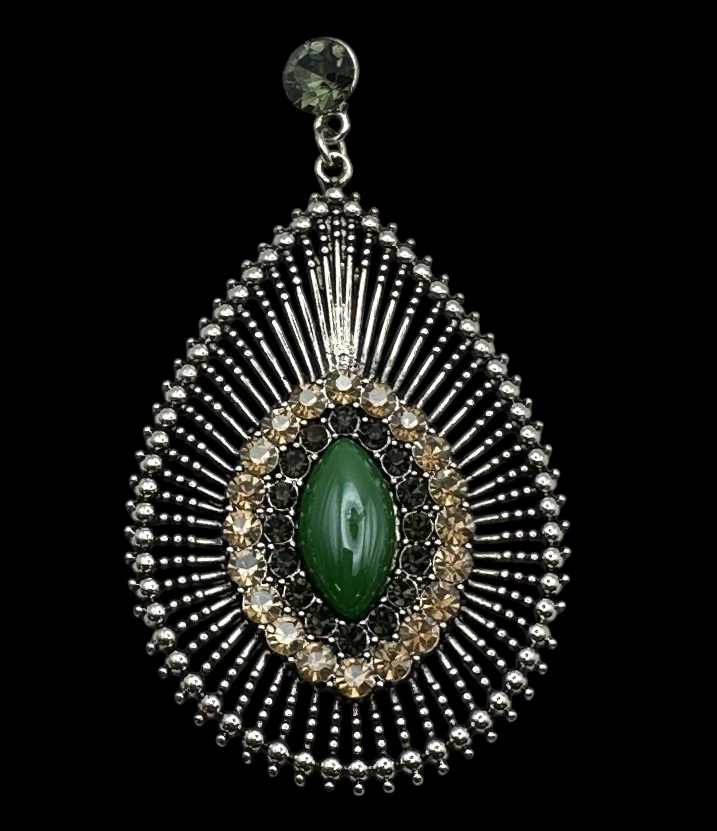 Elegant Green Teardrop Statement Earrings – Rhinestone Vintage-Inspired Drop Jewellery