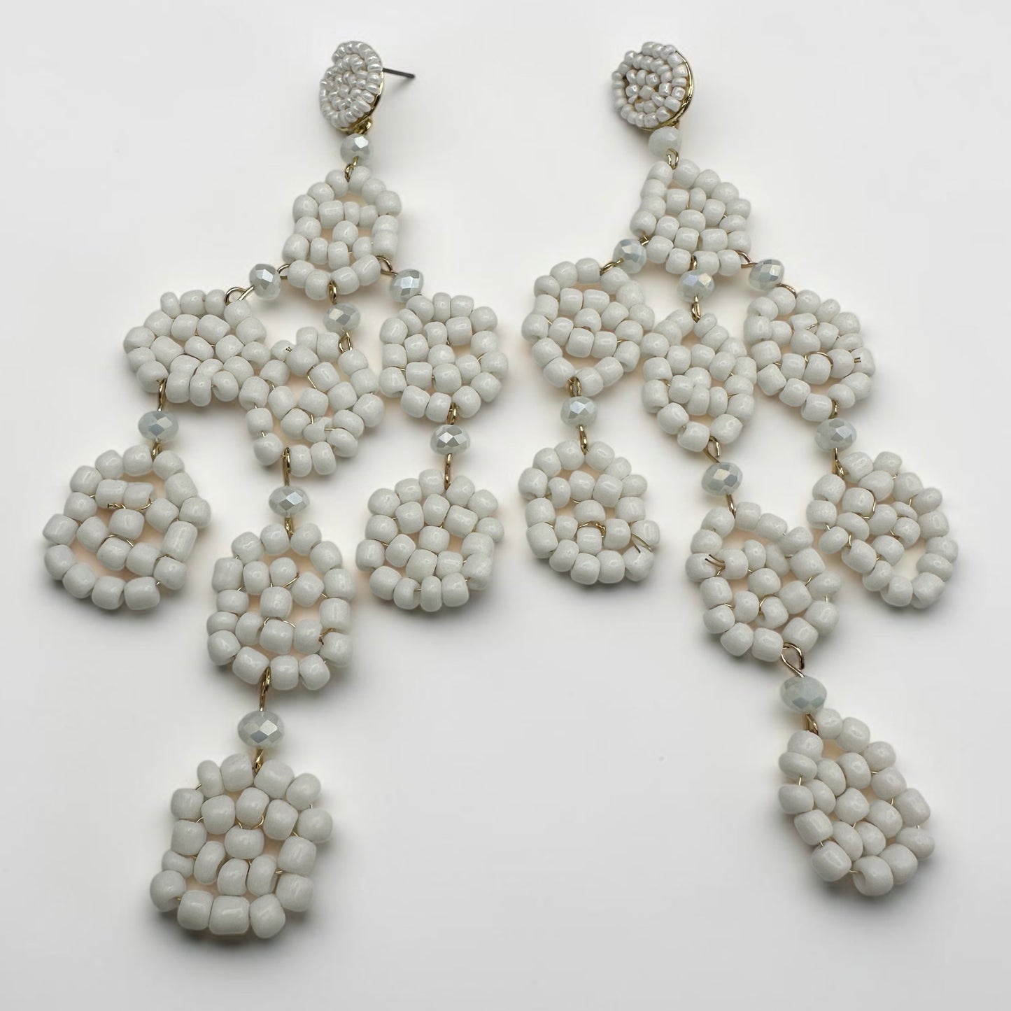 White Beaded Statement Earrings – Long Boho Drop Dangles - Fatisha Boutique #