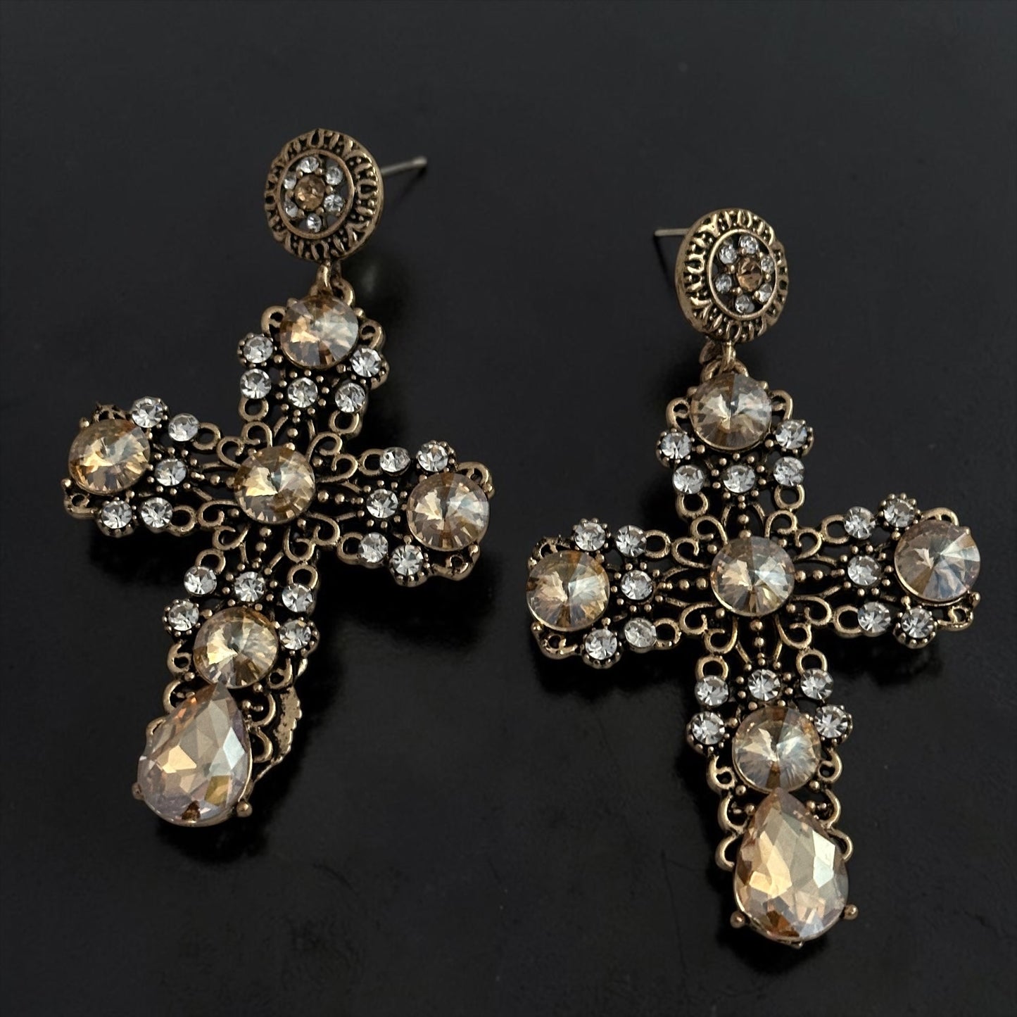 Vintage Crystal Cross Statement Earrings