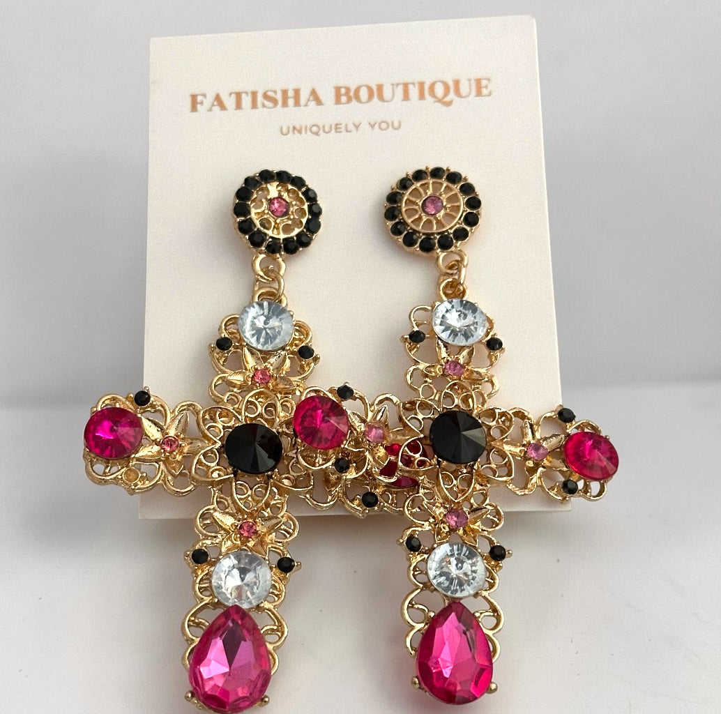 Baroque Colour Crystal Cross Drop Earrings