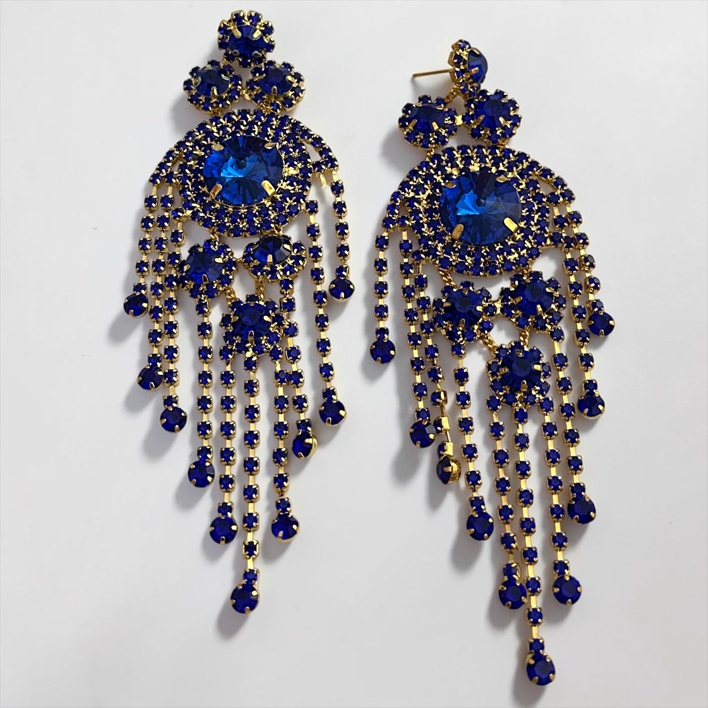 Royal Blue Crystal Tassel Statement Earrings