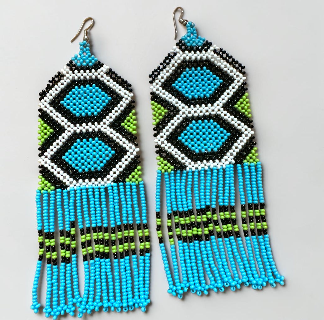 Long Blue African Beaded Fringe Earrings