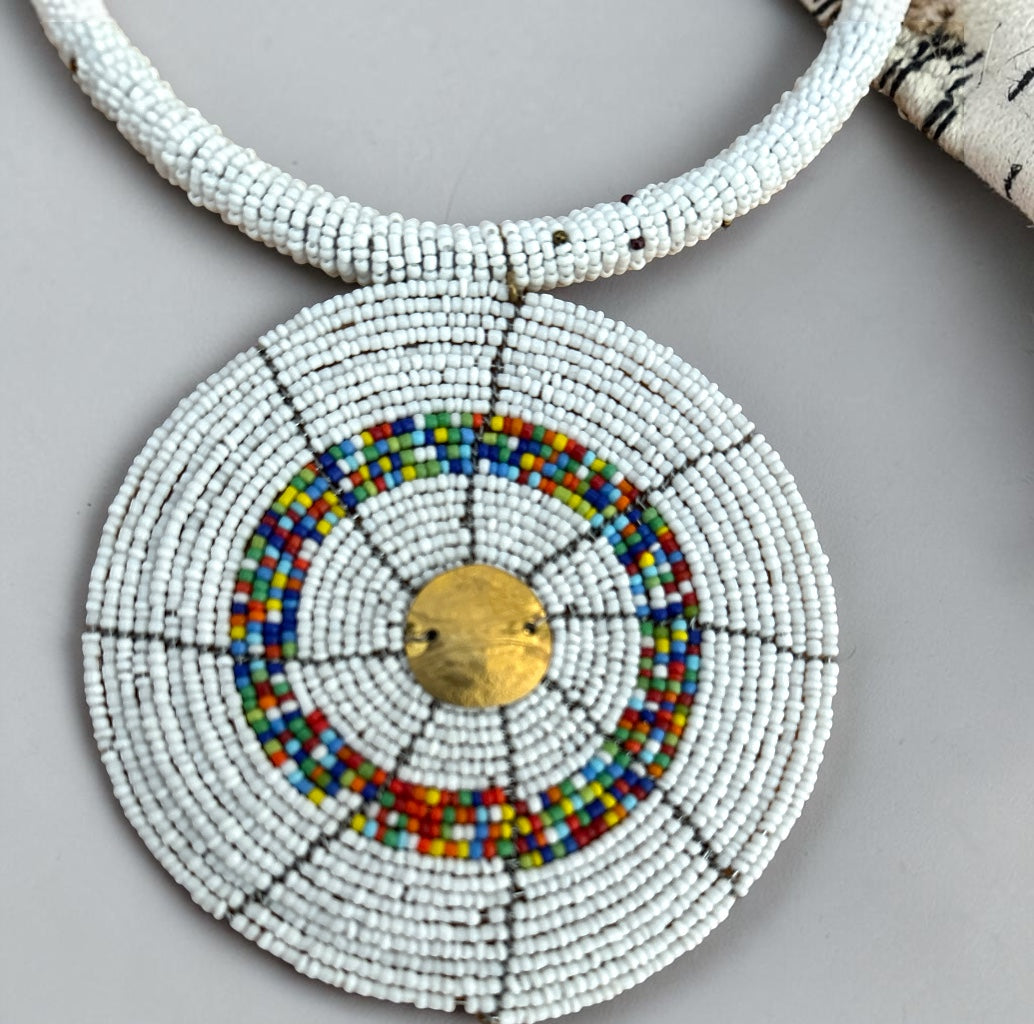 Maasai White Beaded Disc Necklace | African Tribal Statement Jewellery Fatisha Boutique
