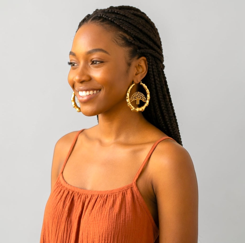 Tree of Life Bamboo Hoop Earrings, Gold Statement Hoops Fatisha Boutique