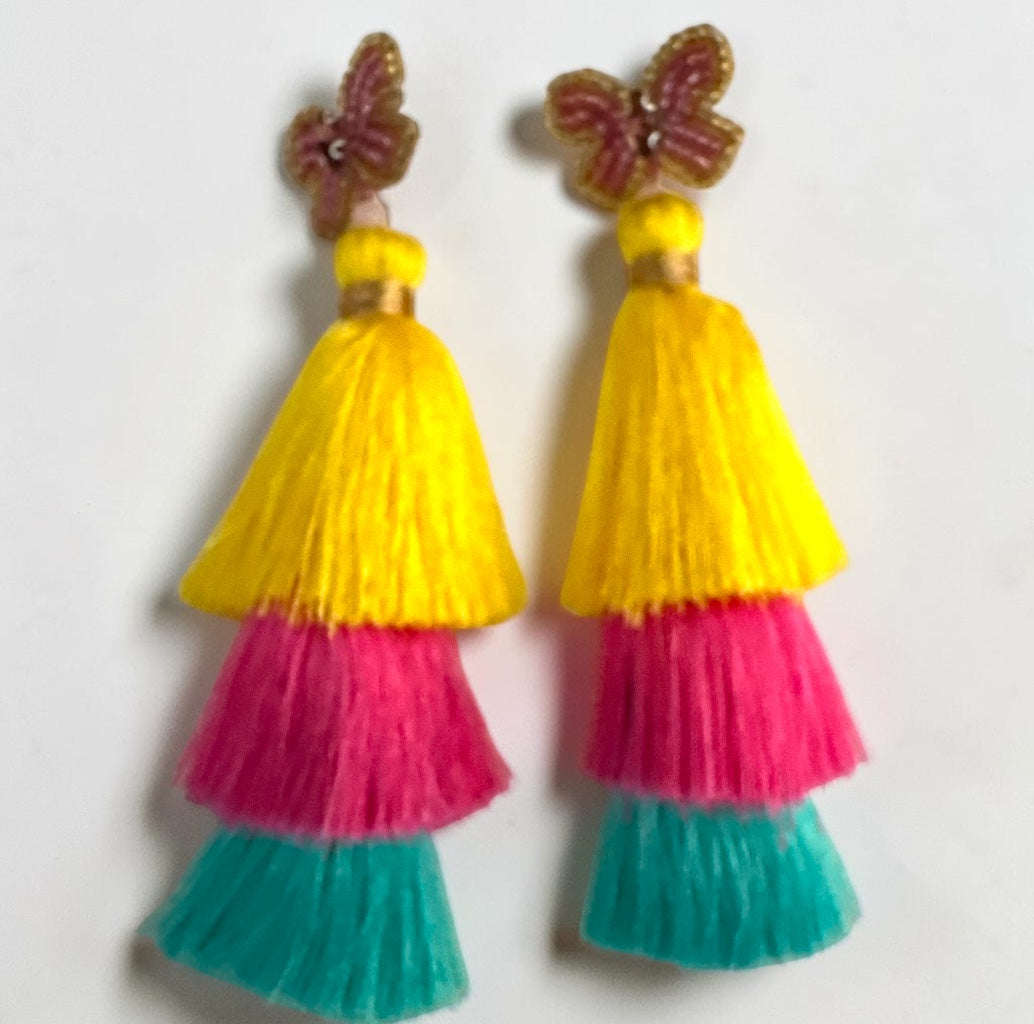 Boho Colour Block Long Tassel Statement Earrings – Yellow, Pink & Blue Fatisha Boutique