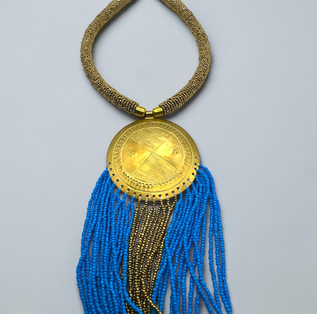 African Handmade Blue Tassel Statement Necklace – Brass Medallion Fringe - Fatisha Boutique Fatisha Boutique