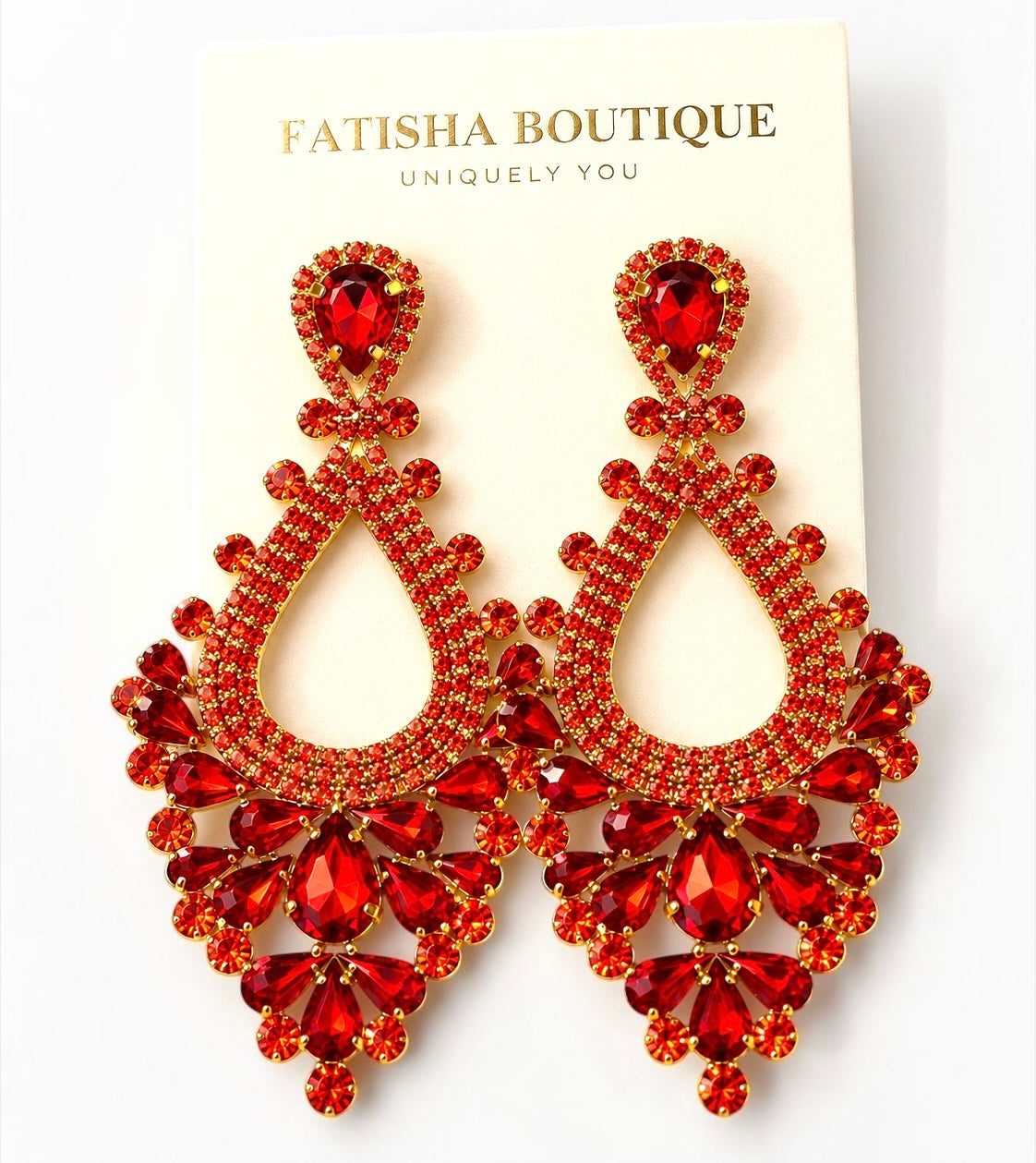 Red Rhinestone Teardrop Statement Chandelier Earrings Fatisha Boutique