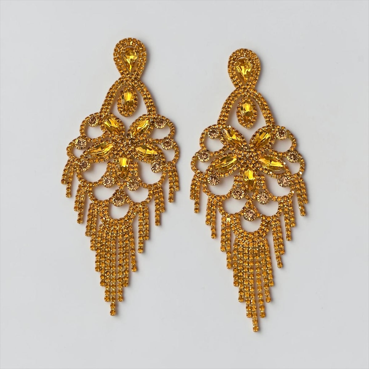 Long Golden Yellow Rhinestone Chandelier Tassel Earrings Fatisha Boutique