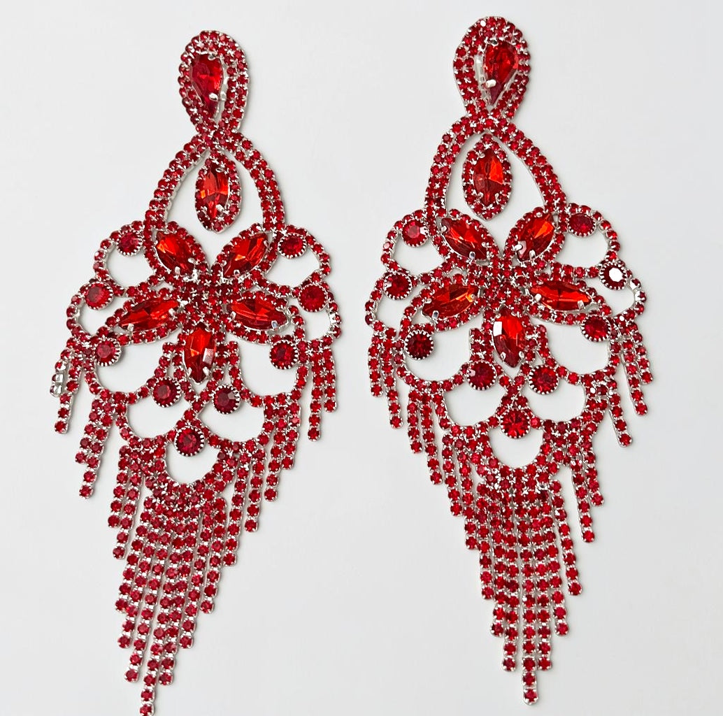 Long Ruby Red Rhinestone Chandelier Tassel Earrings Fatisha Boutique