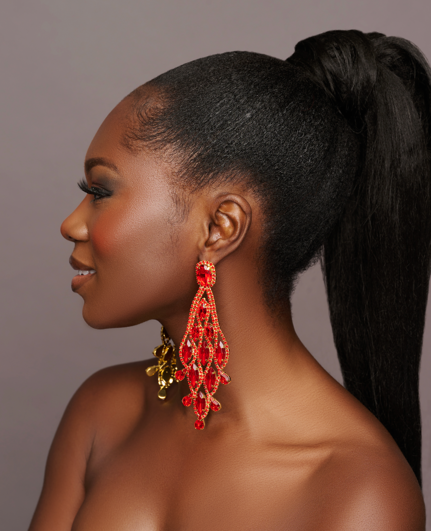 Long Red Glamorous Diamante Rhinestone Teardrop Tassel  Earrings
