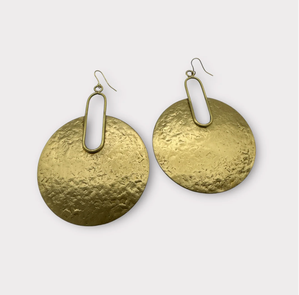 Hammered Brass Disc Statement Earrings – Bold Geometric Dangle Jewellery for Women | Handmade UK