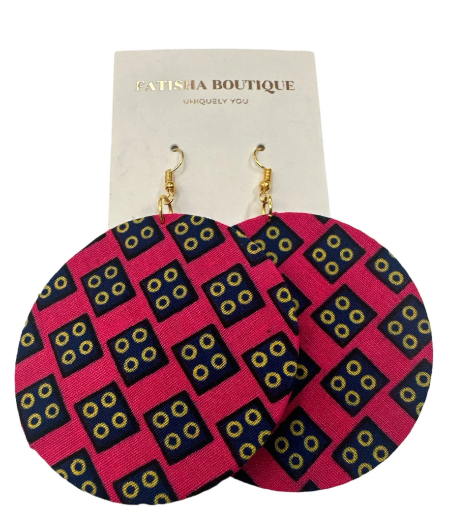 Bold Colourful Ankara Earrings | Handmade African Statement Round Fabric Dangle Jewellery