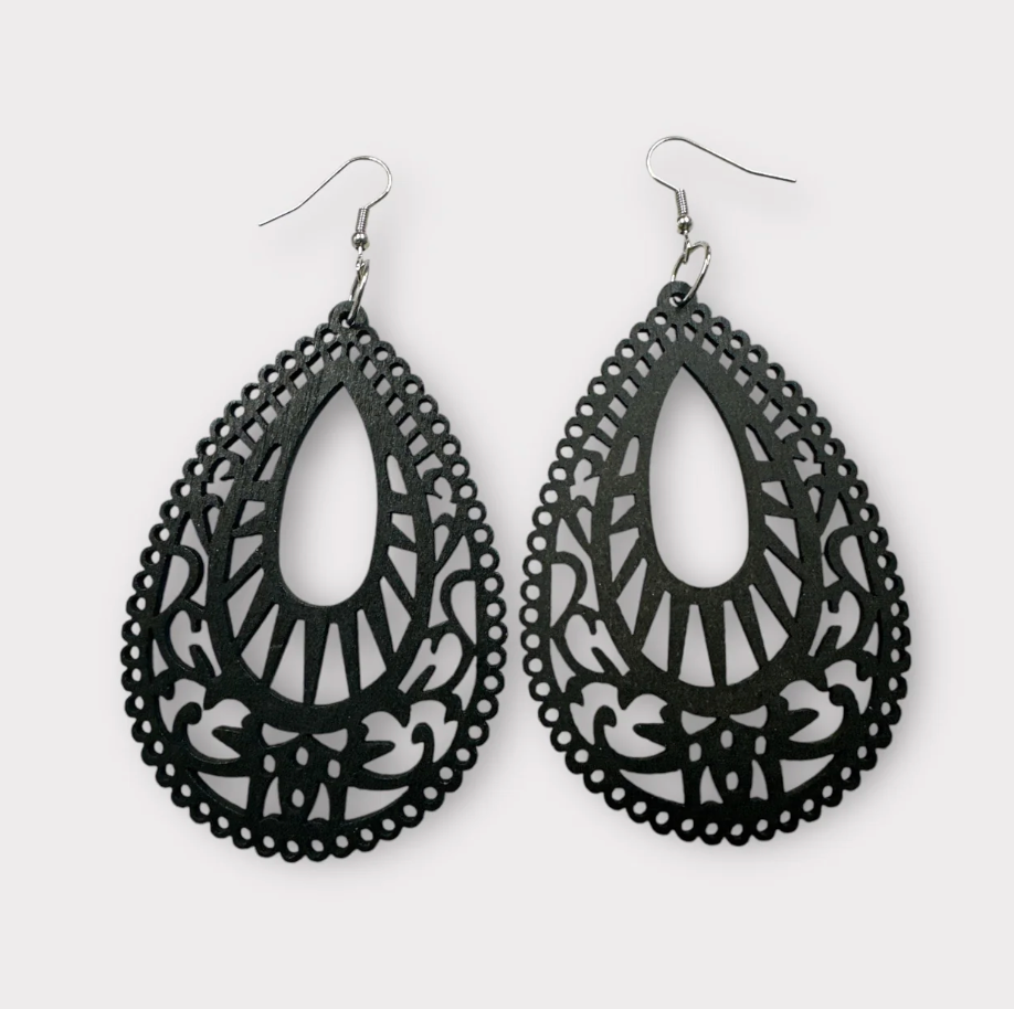 Laser-Cut Wooden Teardrop Earrings – Lightweight Boho Ethnic Style | 2 Colours - Fatisha Boutique #