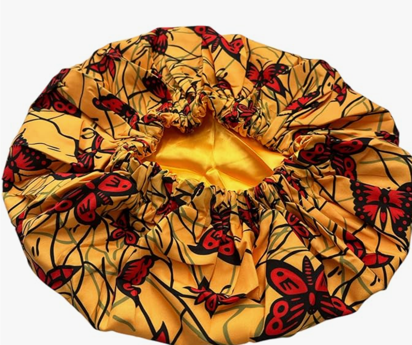 Bold Butterfly Print Satin Silk Bonnet – Yellow & Red Hair Wrap for Braids & Curls UK - Fatisha Boutique #