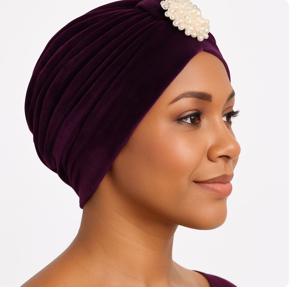 Elegant Velvet Turban Cap with Pearl Beads – Pre-Tied, Lightweight, Ready to Wear Headwrap for Women - Fatisha Boutique #