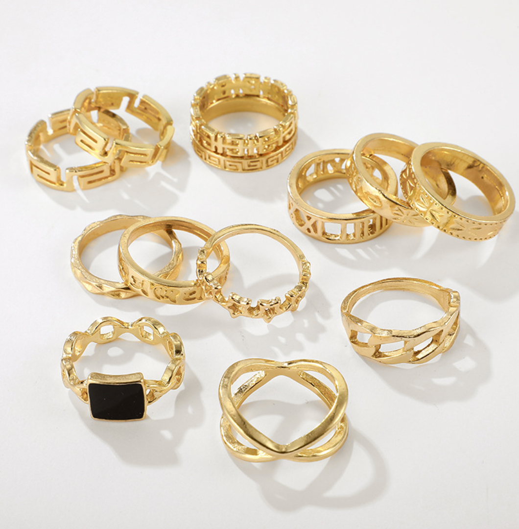 13-Piece Gold Ring Set – Non-Adjustable Stacking Rings with Bold Statement Designs for Women - Fatisha Boutique #
