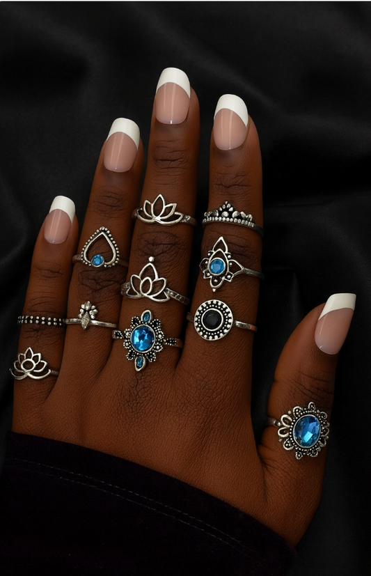Bohemian Silver Ring Set – 13-Piece Vintage Crystal Rings Collection - Fatisha Boutique #