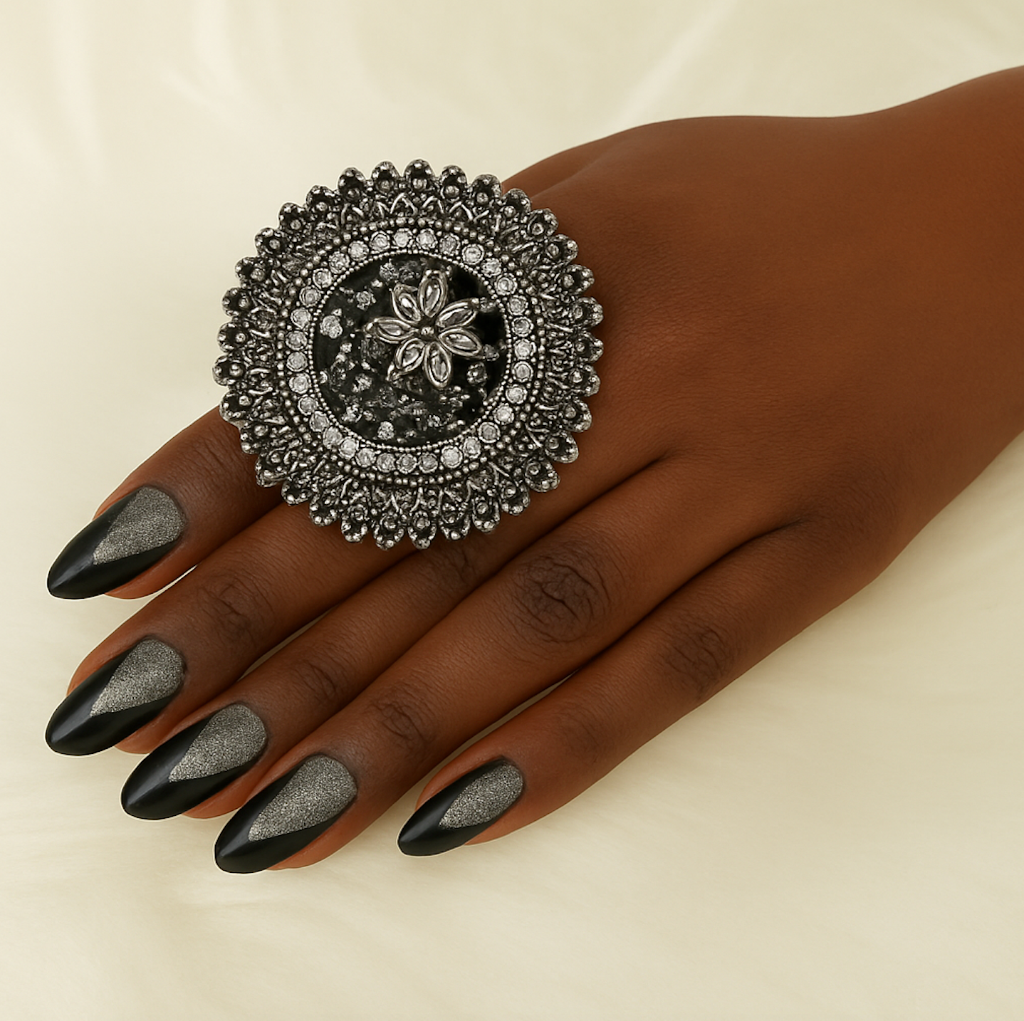 Vintage Boho Oversized Statement Ring – Antique Gold & Silver, 5cm Mandala Design - Fatisha Boutique #
