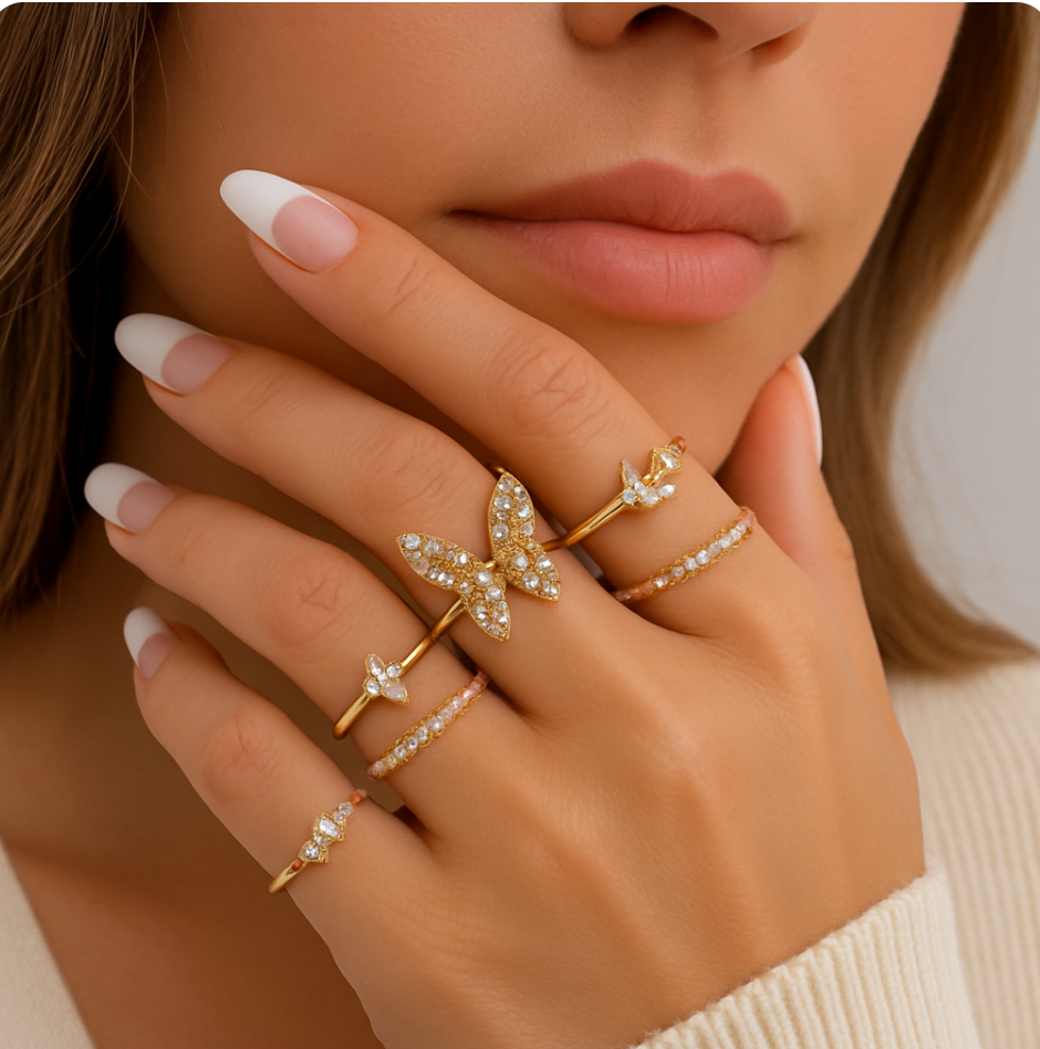 Elegant Butterfly & Crystal Gold Ring Set (8 Pieces) – Dainty Non-Adjustable Stackable Rings - Fatisha Boutique #