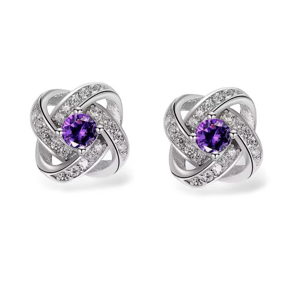 Elegant Rhinestone Knot Stud Earrings – Crystal or Amethyst Silver Studs - Fatisha Boutique # Fatisha Boutique