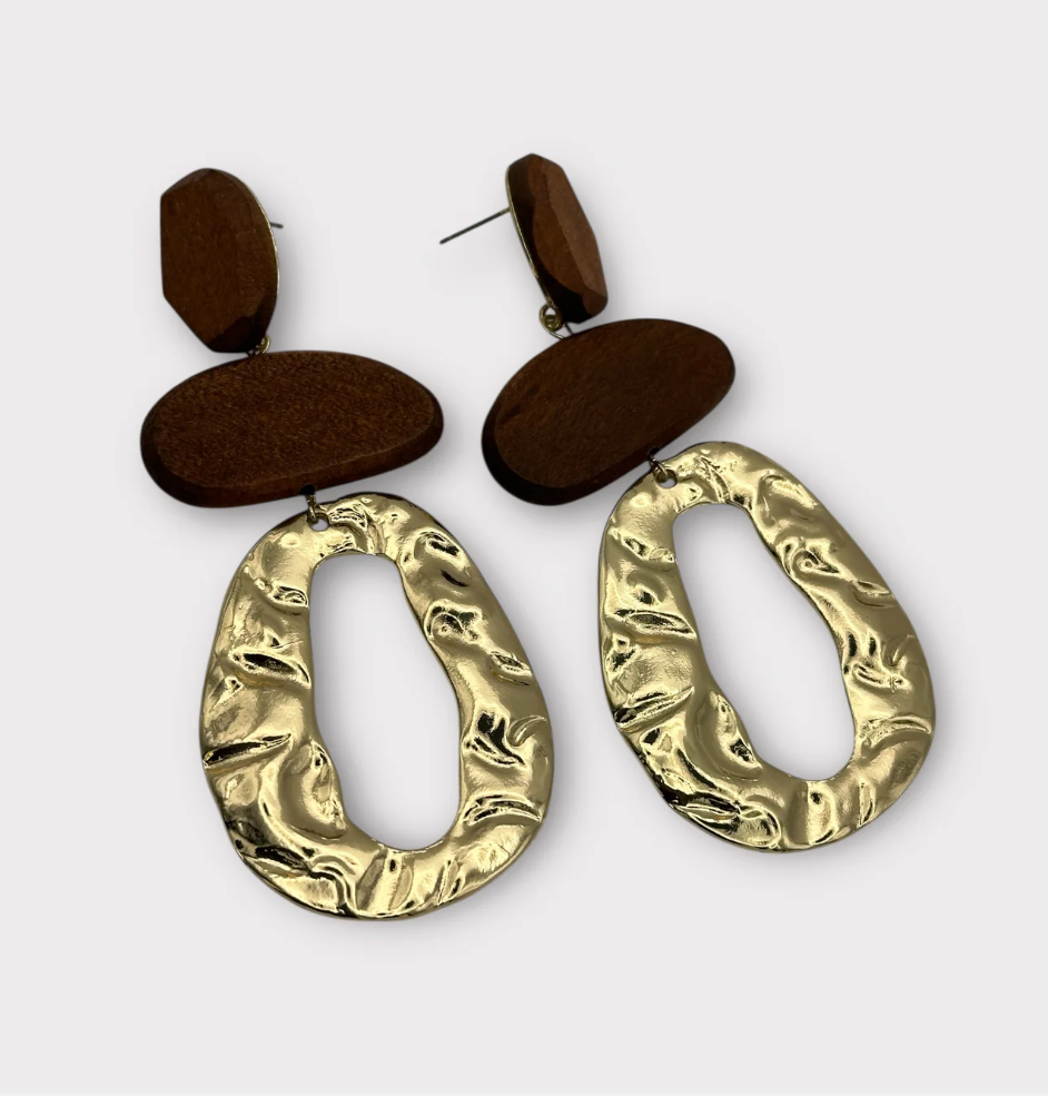 Brown Wooden & Gold Statement Earrings – Ethnic Boho Drop Earrings, Bold Handmade Style Jewellery - Fatisha Boutique #
