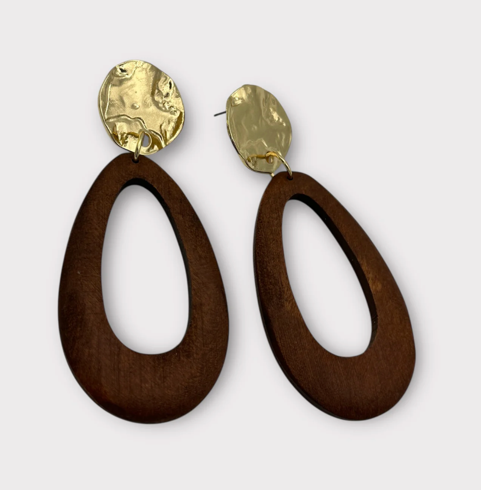 Brown Wooden Statement Earrings with Gold Stud – Ethnic Boho Teardrop Drop Earrings - Fatisha Boutique #