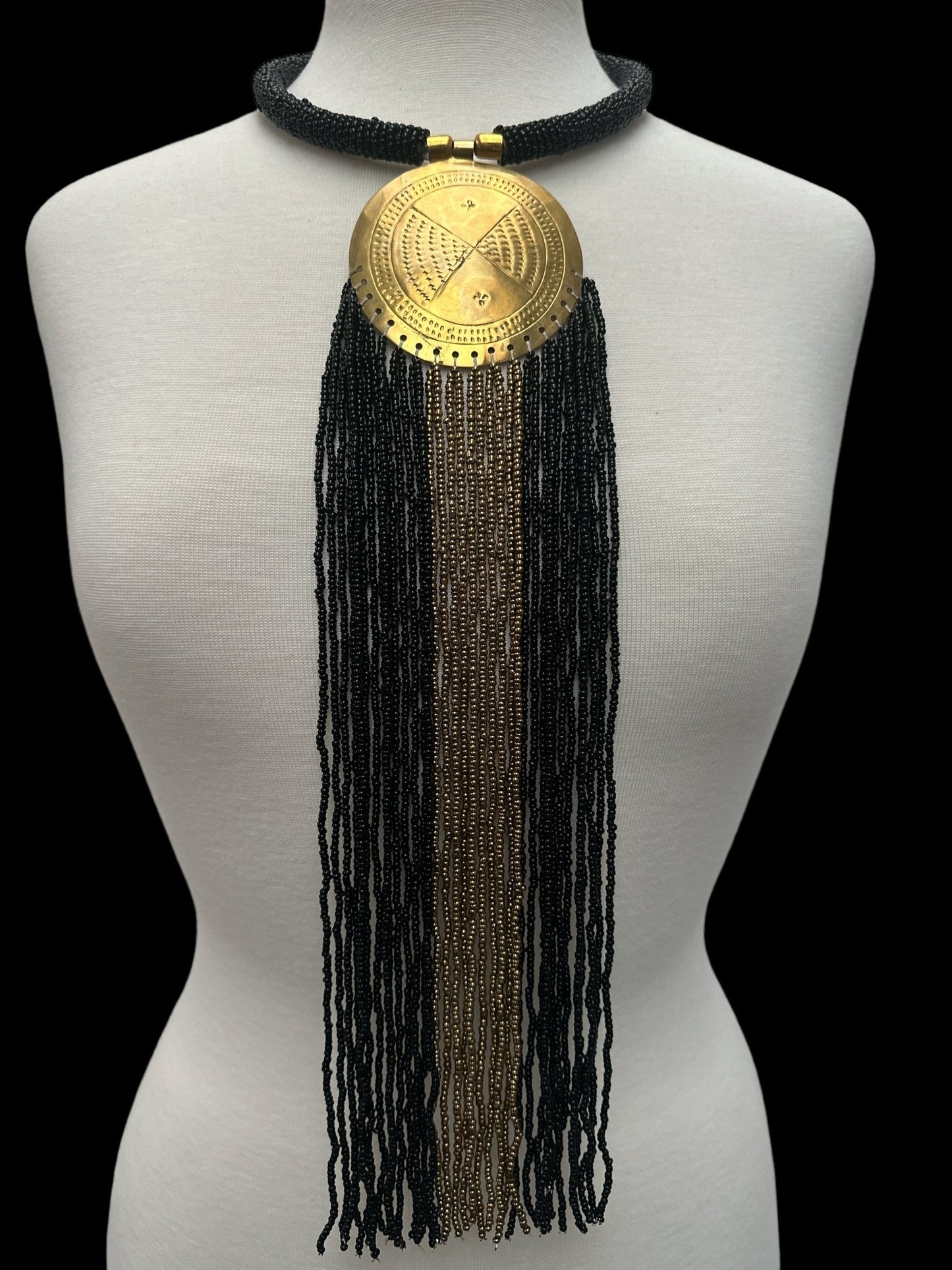 African Authentic Engraved Brass Long Black Beaded Fringe Pendant Necklace - Fatisha Boutique