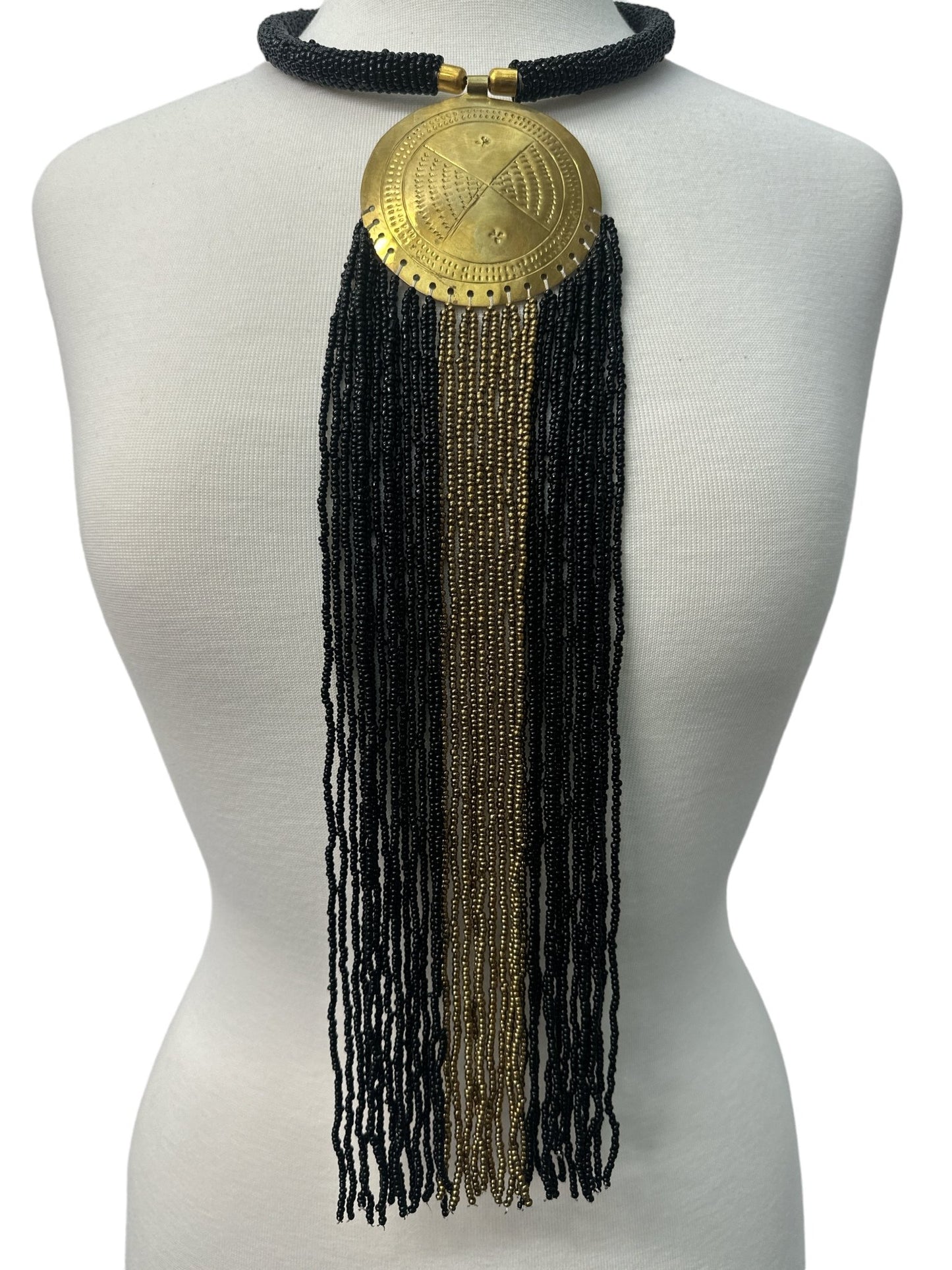 African Authentic Engraved Brass Long Black Beaded Fringe Pendant Necklace - Fatisha Boutique