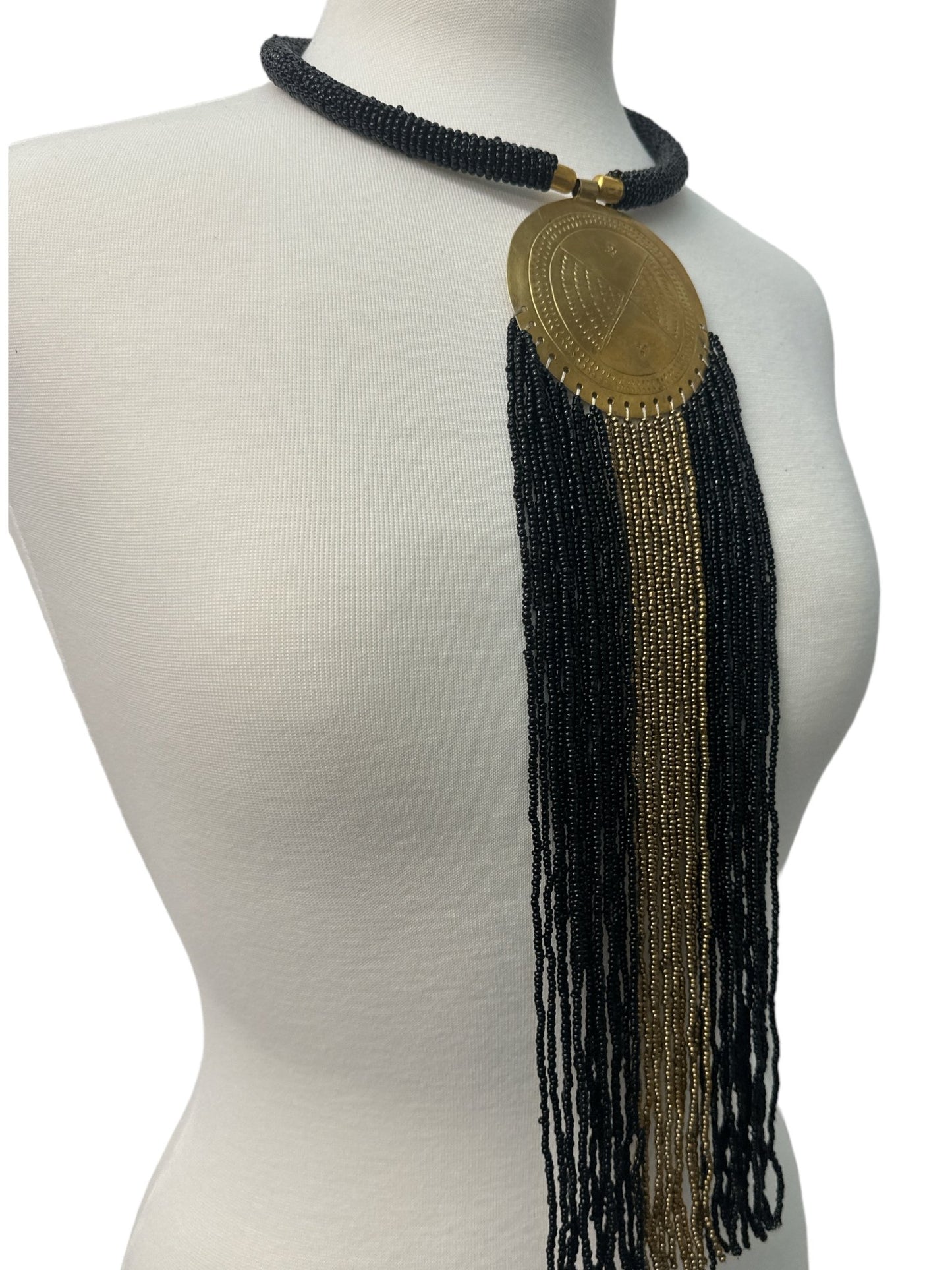 African Authentic Engraved Brass Long Black Beaded Fringe Pendant Necklace - Fatisha Boutique