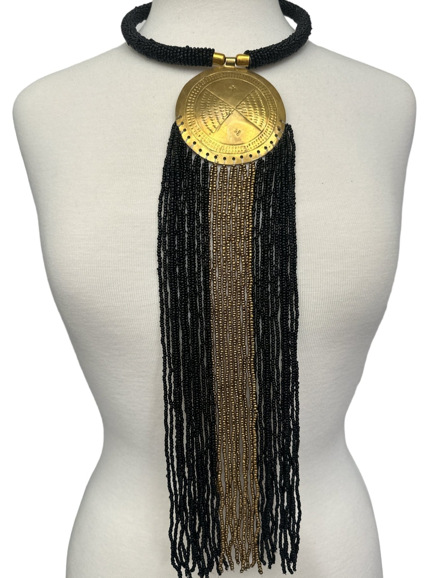 African Authentic Engraved Brass Long Black Beaded Fringe Pendant Necklace - Fatisha Boutique