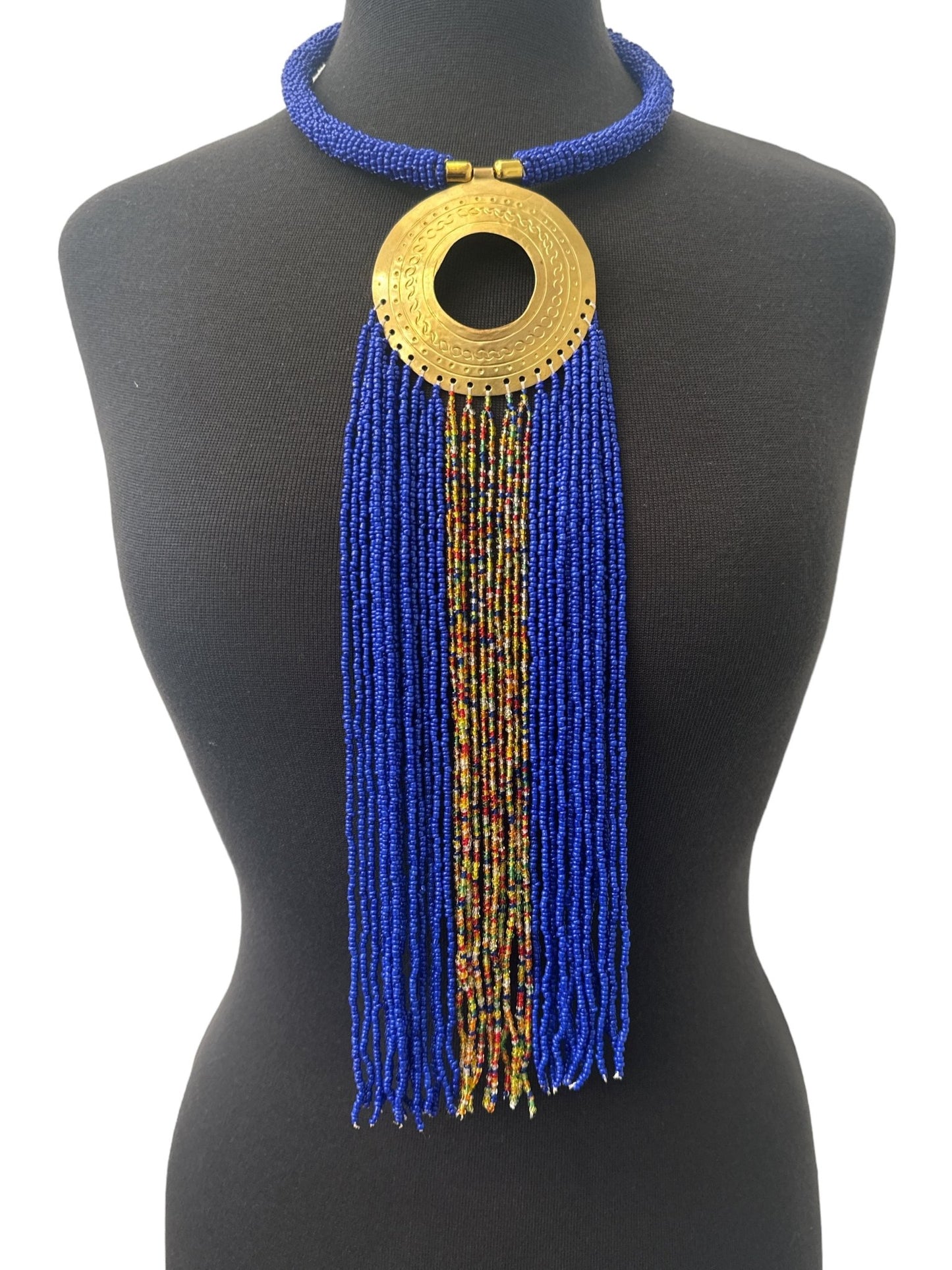 African Authentic Engraved Brass Long Blue Beaded Fringe Pendant Necklace - Fatisha Boutique