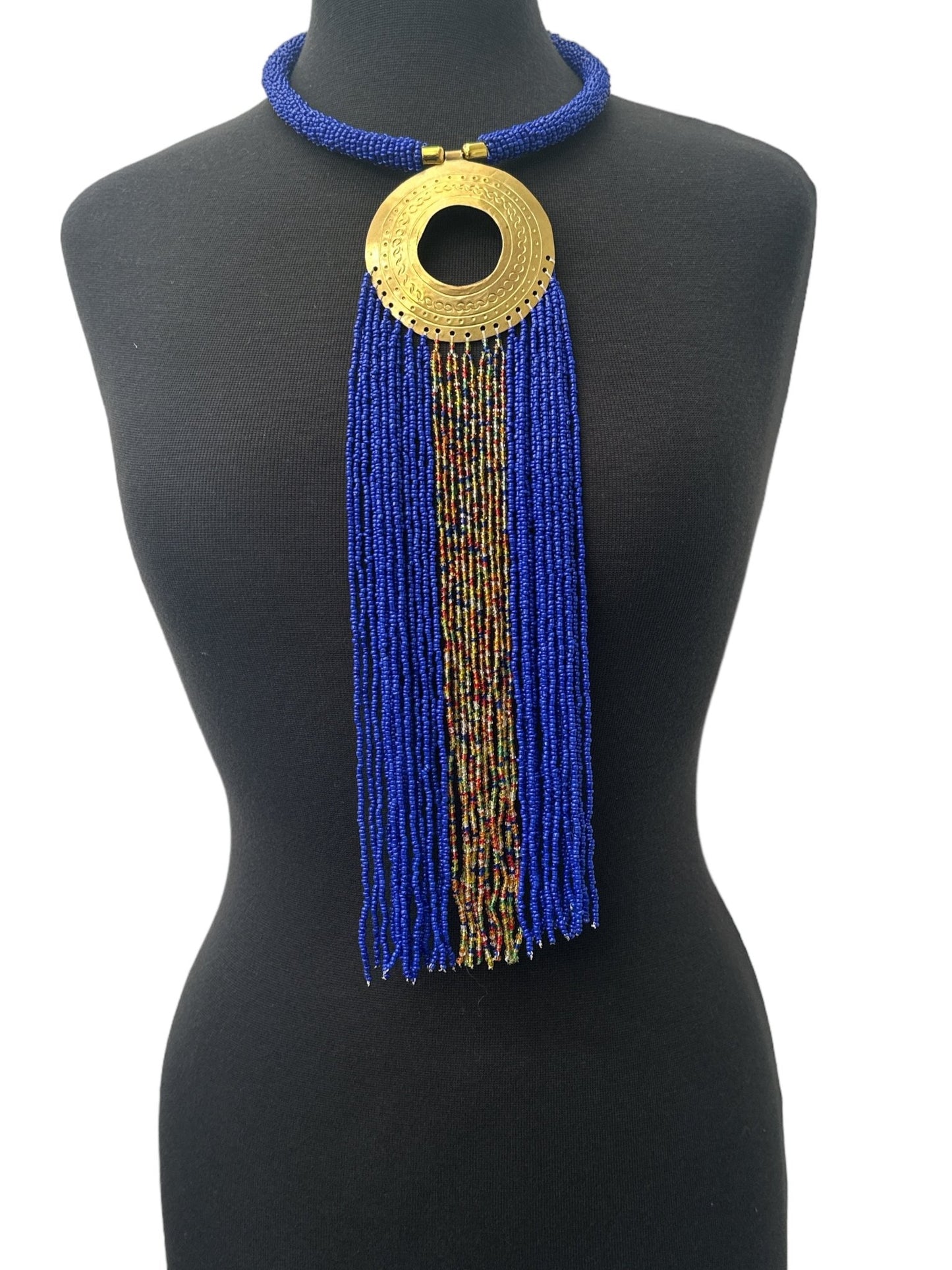 African Authentic Engraved Brass Long Blue Beaded Fringe Pendant Necklace - Fatisha Boutique