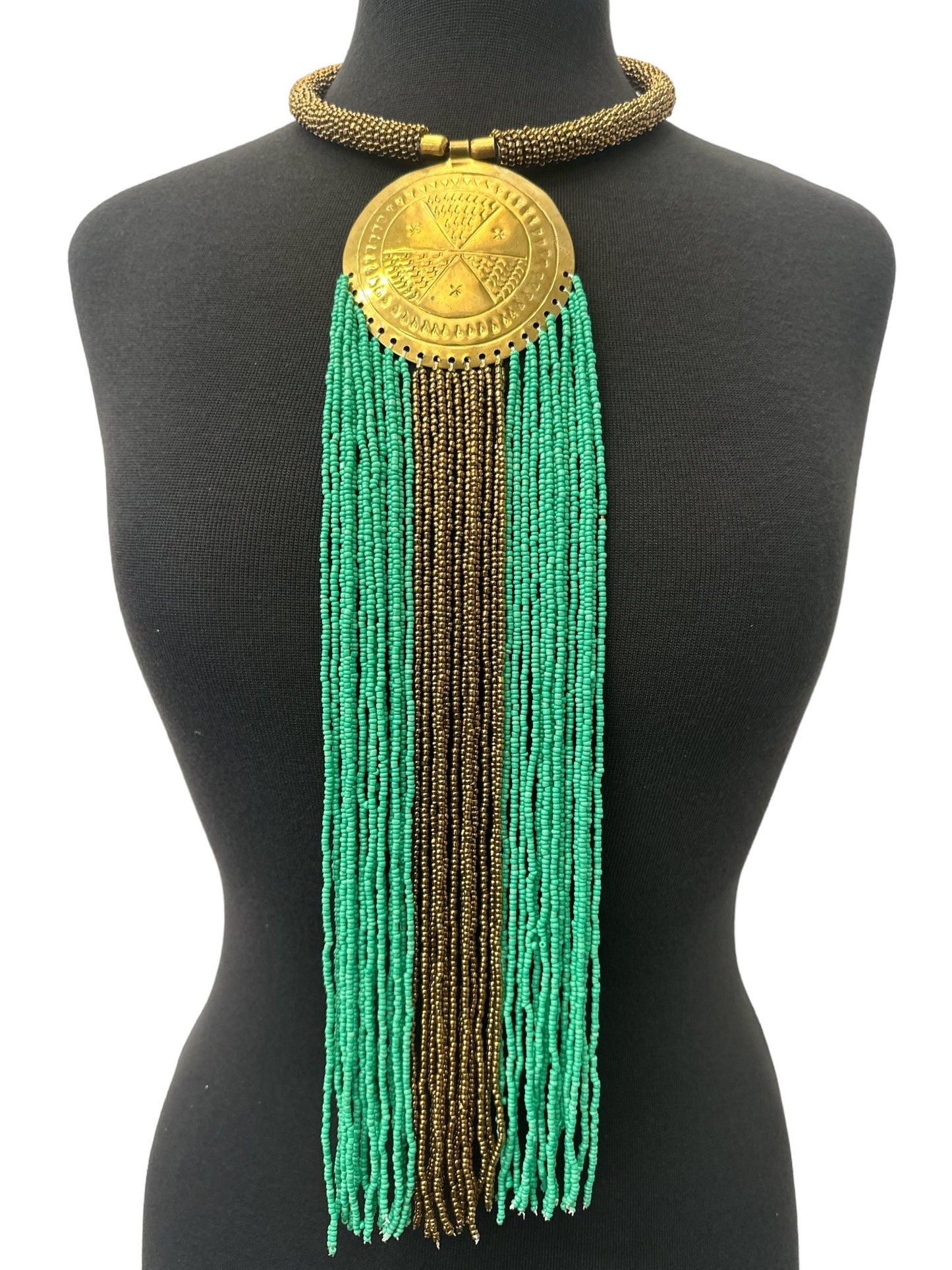 African Authentic Engraved Brass Long Green Beaded Fringe Pendant Necklace - Fatisha Boutique