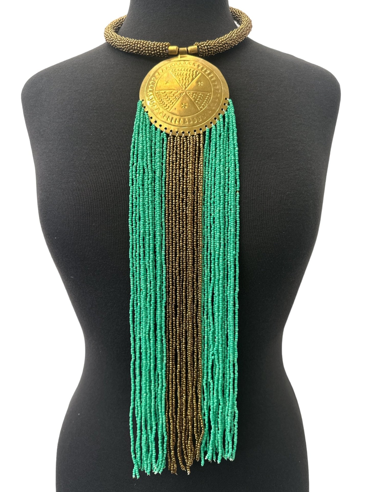 African Authentic Engraved Brass Long Green Beaded Fringe Pendant Necklace - Fatisha Boutique