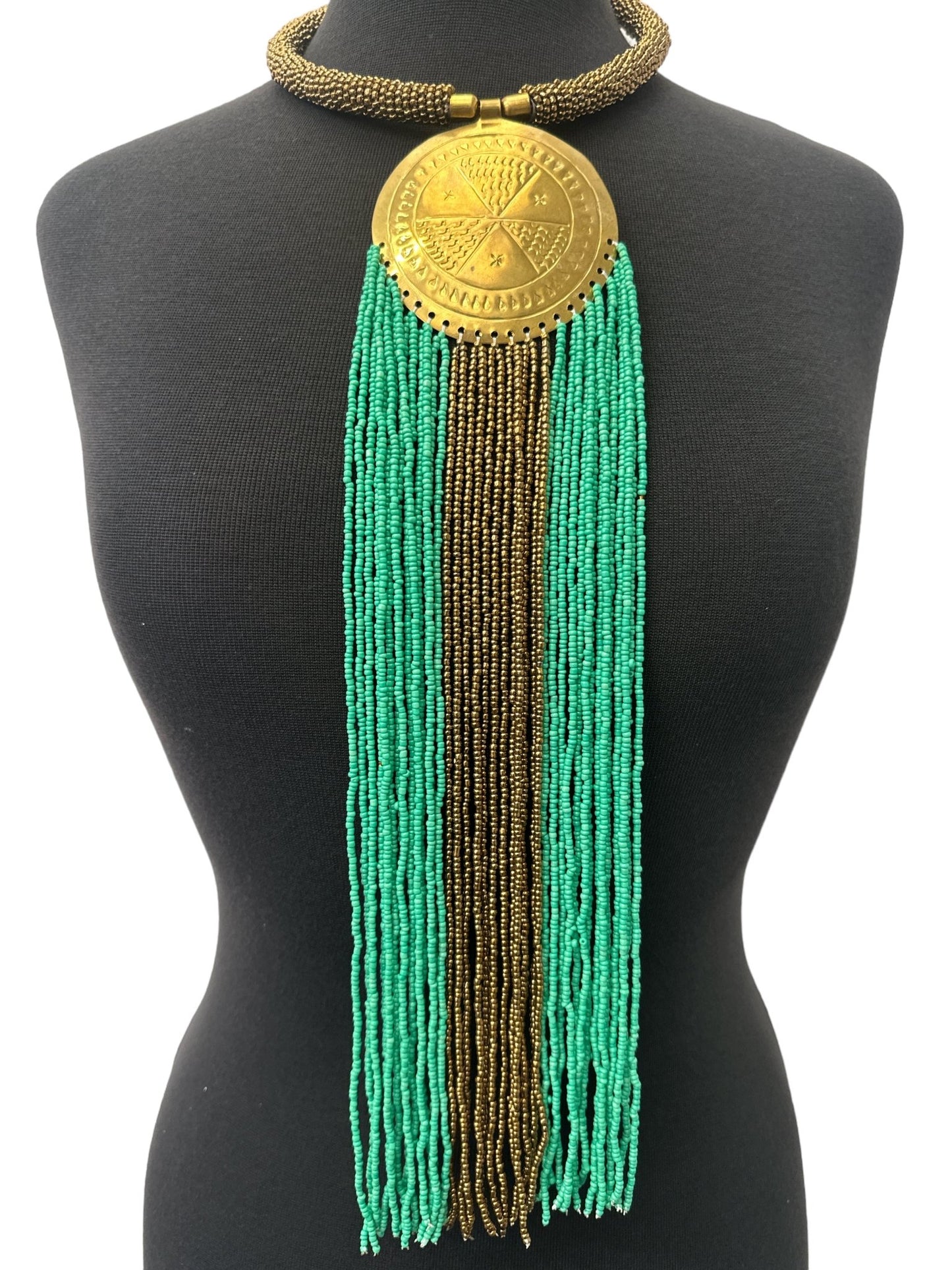 African Authentic Engraved Brass Long Green Beaded Fringe Pendant Necklace - Fatisha Boutique