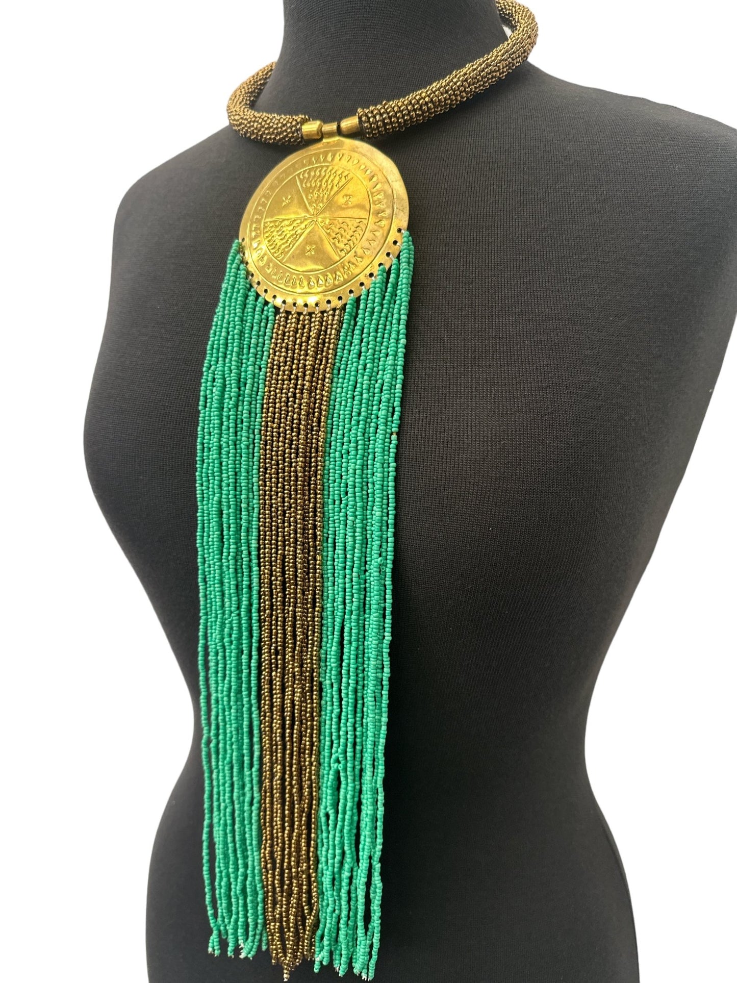 African Authentic Engraved Brass Long Green Beaded Fringe Pendant Necklace - Fatisha Boutique