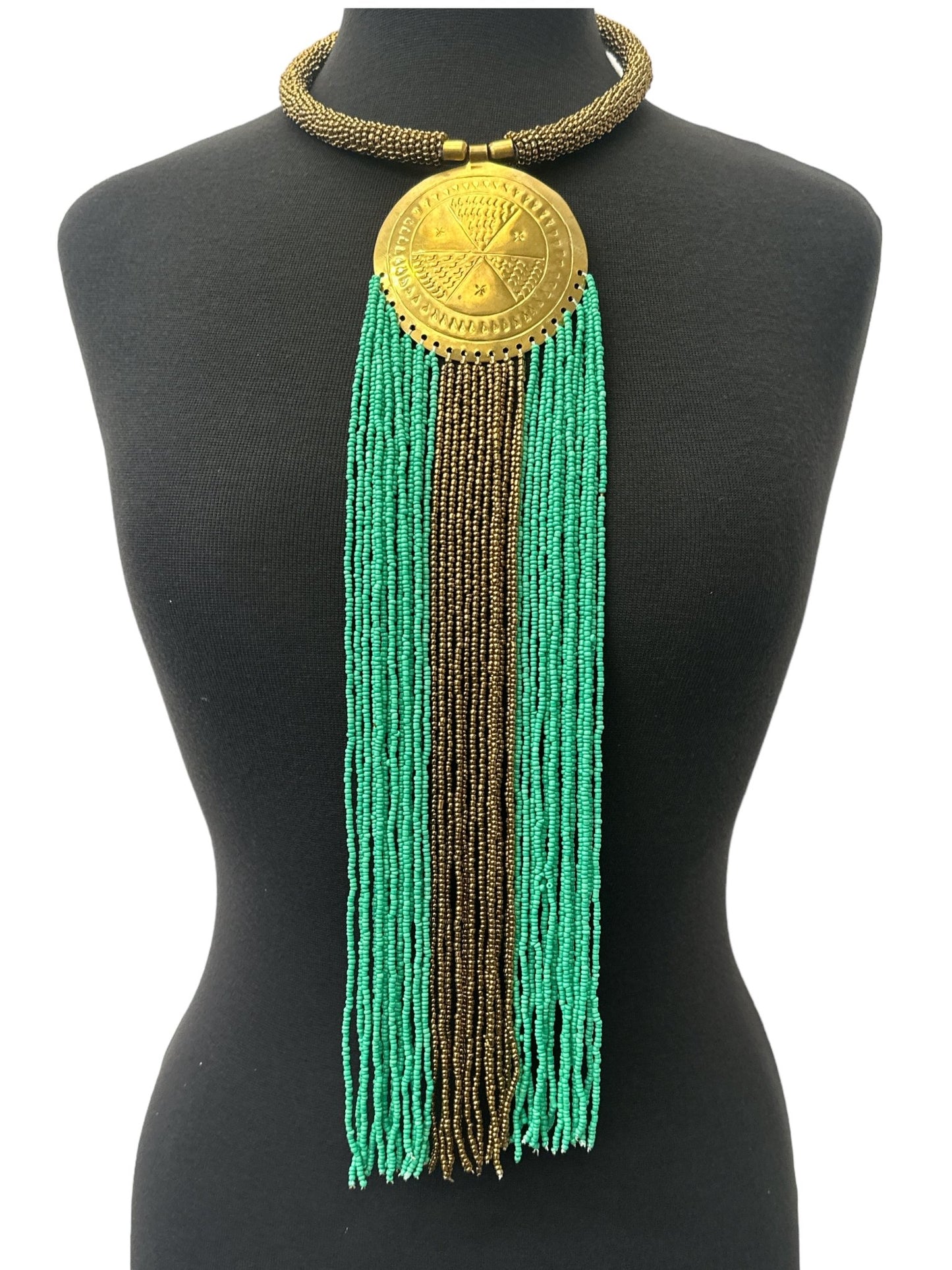 African Authentic Engraved Brass Long Green Beaded Fringe Pendant Necklace - Fatisha Boutique