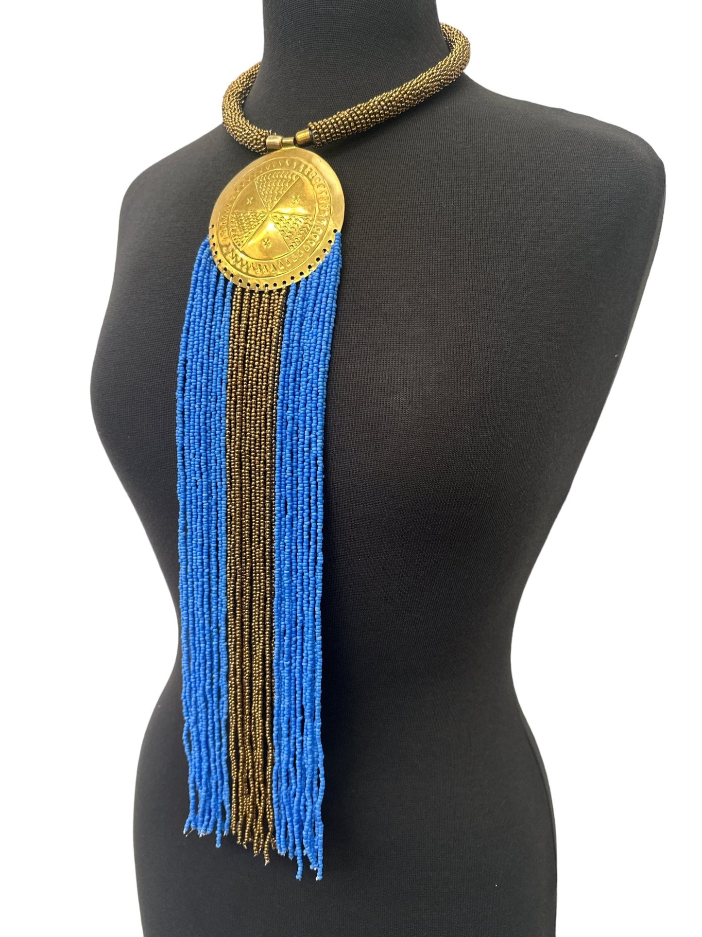 African Authentic Engraved Brass Long Lilac Beaded Fringe Pendant Necklace - Fatisha Boutique